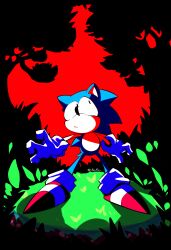 Rule 34 | absurdres, animal, animal ears, blue fur, bootleg, closed mouth, confused, forest, gloves, grass, hedgehog, highres, nature, on grass, red footwear, sir koi, sonic (series), sonic the hedgehog, sonic the hedgehog (classic), tree, white gloves