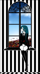 Rule 34 | 1girl, aqua hair, arm at side, black footwear, black jacket, black necktie, black socks, collared shirt, es., flower, foot dangle, formal, hand on lap, hatsune miku, indoors, jacket, kneehighs, long hair, long sleeves, looking away, looking to the side, necktie, profile, saihate (vocaloid), shirt, shoes, signature, sitting, socks, solo, striped, twintails, vertical stripes, vocaloid, white shirt, window