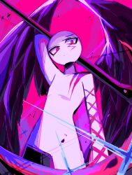 Rule 34 | arms up, bald, black wings, highres, original, pink background, pink eyes, tattoo, usa37107692, weapon, wings