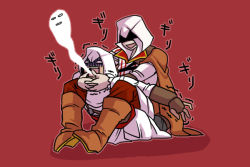 Rule 34 | altair ibn la-ahad, assassin&#039;s creed, assassin&#039;s creed (series), assassin&#039;s creed ii, cape, ezio auditore da firenze, gloves, hood, smile, straddling, time paradox