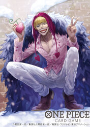 Rule 34 | 1boy, blonde hair, commentary request, copyright name, donquixote rocinante, facepaint, feather coat, food, fruit, full body, heart, heart print, highres, holding, holding food, holding fruit, hood, koushi rokushiro, looking at viewer, makeup, male focus, official art, one piece, pants, pink shirt, shirt, smile, snowing, solo, squatting, v, white pants