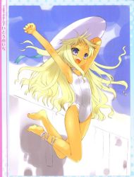Rule 34 | 1girl, ankle lace-up, anklet, armpits, barefoot, blonde hair, blue eyes, choker, cross-laced footwear, dengeki, feet, female focus, flat chest, hat, ito noizi, jewelry, jpeg artifacts, leg ribbon, long hair, one-piece swimsuit, outdoors, ribbon, sky, solo, summer, swimsuit