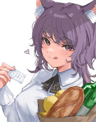 Rule 34 | 1girl, :q, absurdres, animal ear fluff, animal ears, bag, bottle, bow, bowtie, bread, commentary request, commission, food, heart, highres, long sleeves, looking at viewer, maria (syake-uni), medium hair, mole, mole under eye, original, paper bag, purple eyes, purple hair, shirt, simple background, skeb commission, solo, tongue, tongue out, upper body, white background, white shirt