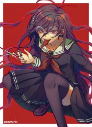 Rule 34 | 1girl, artist name, black shirt, black skirt, black thighhighs, border, breasts, chifurin, danganronpa: trigger happy havoc, danganronpa (series), foot out of frame, fukawa toko, genocider shou, glasses, hair ornament, hairclip, highres, holding, holding scissors, long hair, long sleeves, medium breasts, neckerchief, outside border, pleated skirt, red background, red eyes, red neckerchief, round eyewear, sailor collar, scissors, shirt, shoes, skirt, solo, squatting, teeth, thighhighs, tongue, tongue out, torn clothes, torn skirt, white border