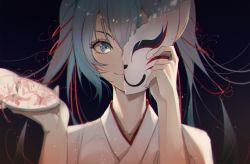 Rule 34 | 1girl, blue eyes, blue hair, fox mask, hatsune miku, highres, japanese clothes, jijing zishui, looking to the side, mask, miko, one eye covered, solo, twintails, vocaloid