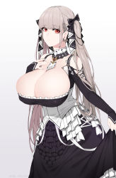 Rule 34 | 1girl, artist name, azur lane, bare shoulders, black dress, blunt bangs, breasts, cleavage, closed mouth, clothes lift, collarbone, covered erect nipples, detached sleeves, dress, dress lift, earrings, eyelashes, formidable (azur lane), gradient background, grey hair, hair ribbon, hand on own chest, highres, huge breasts, jewelry, long dress, long hair, looking at viewer, multicolored clothes, multicolored dress, red eyes, ribbon, simple background, sleeves past wrists, solo, twintails, very long hair, white dress, xiangzi box