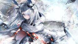 Rule 34 | 1girl, animal ear fluff, animal ears, arknights, black gloves, black skirt, blue eyes, closed mouth, commentary request, day, frostnova (arknights), gloves, grey hair, grey jacket, hair ornament, hair over one eye, hairclip, highres, holding, jacket, long hair, long sleeves, on (yattemasu), outdoors, rabbit ears, skirt, solo, wide sleeves