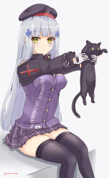 Rule 34 | 1girl, 416 day, absurdres, animal, artist name, beret, black cat, black gloves, black hat, black jacket, black thighhighs, blunt bangs, blush, breasts, cat, cross, cross hair ornament, expressionless, facial mark, feet out of frame, girls&#039; frontline, gloves, grey hair, hair ornament, hat, highres, hk416 (girls&#039; frontline), holding, holding animal, holding cat, iron cross, jacket, large breasts, long hair, long sleeves, longcat (meme), looking at viewer, meme, multicolored clothes, multicolored jacket, panties, pantyshot, plaid, plaid skirt, purple jacket, purple skirt, rasen manga, simple background, skindentation, skirt, solo, teardrop facial mark, thighhighs, thighs, twitter username, two-sided gloves, two-tone gloves, two-tone jacket, underwear, very long hair, white background, white gloves, white panties, yellow eyes