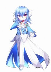 Rule 34 | 1boy, absurdres, alternate color, ascot, blue hair, blue jacket, blush, brooch, chisen maimai, closed mouth, creatures (company), full body, game freak, gardevoir, gem, gen 3 pokemon, gloves, hair between eyes, hand on own chest, hand up, happy, highres, humanization, jacket, jewelry, layered sleeves, long sleeves, male focus, medium hair, mega stone, nintendo, open clothes, open jacket, outstretched arm, pants, pokemon, reaching, reaching towards viewer, red eyes, red gemstone, shiny pokemon, shirt, shoes, sidelocks, simple background, skirt, smile, solo, standing, white ascot, white background, white footwear, white gloves, white pants, white shirt, white skirt