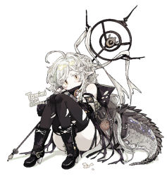 Rule 34 | 1girl, ahoge, arknights, black footwear, black shirt, black sleeves, black thighhighs, boots, character name, crocodilian tail, dated, detached sleeves, full body, grey hair, highres, holding, holding staff, hood, hood down, hooded shirt, knees up, long hair, looking at viewer, shirt, simple background, sitting, solo, staff, tail, tail strap, thick thighs, thighhighs, thighs, thurim6, tomimi (arknights), twitter username, white background, yellow eyes