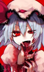 Rule 34 | 1girl, black nails, blood, commentary request, fangs, fua yuu, guro, hair between eyes, hat, highres, looking at viewer, mob cap, nail polish, one-hour drawing challenge, open mouth, red background, red eyes, remilia scarlet, simple background, solo, tongue, tongue out, touhou, upper body
