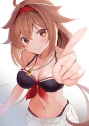 Rule 34 | 1girl, absurdres, adapted costume, alternate costume, bikini, breasts, brown eyes, brown hair, cleavage, hair between eyes, hair flaps, hairband, highres, index finger raised, kantai collection, long hair, looking at viewer, low twintails, medium breasts, red hairband, shiratsuyu (kancolle), shiratsuyu kai ni (kancolle), shorts, swimsuit, twintails, whistle, whistle around neck, yunamaro