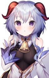 Rule 34 | :o, bare shoulders, bell, black gloves, blue hair, blush, breasts, detached sleeves, ganyu (genshin impact), genshin impact, gloves, gold trim, hand on own chest, highres, horns, looking at viewer, medium breasts, miitaodao, neck bell, open mouth, purple eyes, sidelocks, solo, upper body, white background, white sleeves
