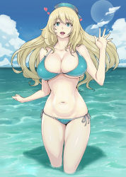 Rule 34 | 10s, 1girl, absurdres, ao madoushi, atago (kancolle), bikini, blonde hair, blue bikini, breasts, cleavage, cloud, day, hat, heart, highres, huge breasts, kantai collection, large breasts, lens flare, long hair, navel, open mouth, side-tie bikini bottom, skindentation, sky, smile, solo, swimsuit, underboob, wading, water