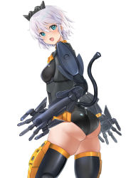 Rule 34 | 1girl, 30 minutes sisters, absurdres, ass, black footwear, black leotard, blue eyes, blush, boots, breasts, cable, cable tail, clenched hand, doll joints, from behind, grey hair, hair behind ear, highres, joints, leotard, looking at viewer, looking back, mechanical tail, open hand, open mouth, rishetta (30ms), short hair, skindentation, small breasts, smile, solo, tail, thigh boots, tirano rinko