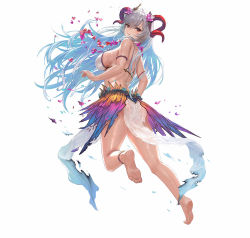 Rule 34 | 1girl, anklet, armlet, ass, barefoot, bikini, blue hair, breasts, commentary request, feet, female focus, fire emblem, fire emblem heroes, flower, flower necklace, freyja (fire emblem), full body, goat horns, gradient hair, hair between eyes, hair flower, hair ornament, horns, jewelry, korean commentary, large breasts, light blue hair, long hair, looking back, midriff, multicolored hair, necklace, nintendo, official alternate costume, official art, open mouth, pelvic curtain, petals, red eyes, see-through, showgirl skirt, sideboob, silver hair, simple background, solo, string bikini, swimsuit, thick thighs, thighs, toes, torn clothes, white background, yoshiku (oden-usagi)