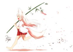 Rule 34 | 1girl, :d, ^ ^, animal ear fluff, animal ears, bamboo, barefoot, bow, closed eyes, commentary request, fox ears, fox girl, fox tail, from side, gradient hair, hair between eyes, holding, japanese clothes, kimono, kohaku (yua), long hair, multicolored hair, open mouth, original, pink hair, pleated skirt, profile, red bow, red skirt, running, shadow, short eyebrows, short sleeves, skirt, smile, solo, tail, tanabata, tanzaku, thick eyebrows, very long hair, white background, white hair, white kimono, wide sleeves, yua (checkmate)