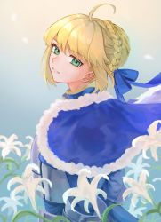 Rule 34 | 1girl, ahoge, armor, armored dress, artoria pendragon (all), artoria pendragon (fate), blonde hair, blue cape, blue dress, blue ribbon, braid, breastplate, cape, dress, fate/grand order, fate/stay night, fate (series), flower, french braid, fur-trimmed cape, fur trim, gauntlets, green eyes, grin, hair bun, hair ribbon, head tilt, highres, lily (flower), lips, long sleeves, looking at viewer, parted lips, pink lips, ribbon, saber (fate), short hair, single hair bun, smile, solo, teeth, upper body, white 3326, white flower