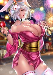 Rule 34 | 1girl, absurdres, anima (togashi), animal ears, warrior of light (ff14), bare shoulders, blue eyes, blurry, bracelet, breasts, candy apple, choker, cleavage, cowboy shot, depth of field, festival, final fantasy, final fantasy xiv, fireworks, food, fox mask, heart, heart choker, highres, japanese clothes, jewelry, kimono, large breasts, looking at viewer, mask, mole, mole under mouth, obi, off shoulder, original, parted lips, rabbit ears, ribbon-trimmed legwear, ribbon trim, sash, short hair, short kimono, short yukata, silver hair, skindentation, smile, solo, thighhighs, viera, wide sleeves, yukata