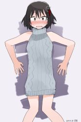 Rule 34 | 10s, 1girl, 2017, against wall, bad id, bad twitter id, black hair, blush, brown eyes, commentary request, crying, crying with eyes open, dated, grey background, haguro (kancolle), hair ornament, highres, kantai collection, meme attire, nose blush, rokugou (tokiwa rokugou), short hair, solo, sweater, tears, turtleneck, turtleneck sweater, virgin killer sweater