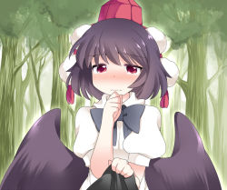 Rule 34 | 1girl, bad id, bad pixiv id, black hair, black wings, blush, bow, clothes lift, commentary request, dress shirt, female focus, forest, hammer (sunset beach), hand to own mouth, hat, hat ribbon, looking at viewer, nature, puffy sleeves, red eyes, ribbon, shameimaru aya, shirt, short hair, short sleeves, skirt, skirt lift, solo, tears, tokin hat, touhou, tree, upper body, wings