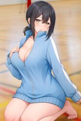 Rule 34 | 1girl, ass, blush, bottomless, breasts, cleavage, game cg, huge ass, large breasts, miyama sora, nijigen kanojo, sitting, solo, thick thighs, thighs, track suit