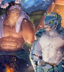 Rule 34 | 2boys, abs, aqua fur, bara, black hair, blue eyes, bottle, campfire, cherry blossoms, commentary, cropped, dark-skinned male, dark skin, demon boy, demon horns, extra horns, fangs, fingerless gloves, fire, furry, furry male, gloves, grin, helmet, holding, holding bottle, horns, large pectorals, live a hero, looking at another, macroich (housamo), male focus, multicolored hair, multiple boys, muscular, muscular male, neumo, nipples, one eye closed, pectorals, petals, rexer (live a hero), short hair, sky, smile, star (sky), starry sky, tent, thick eyebrows, tokyo houkago summoners, topless male, towel, towel around neck, upper body, water bottle, white hair