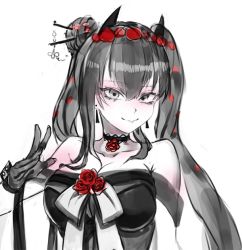 Rule 34 | 1girl, bad id, bad twitter id, black dress, black hair, breasts, cleavage, dress, flower, girls&#039; frontline, grey eyes, hair bun, hair ornament, hairpin, large breasts, nlitz, ouroboros (girls&#039; frontline), ribbon, rose, single hair bun, solo, strapless, strapless dress, twintails, white background