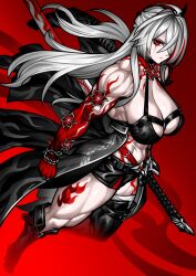 Rule 34 | 1girl, abs, absurdres, acheron (honkai: star rail), alternate muscle size, asymmetrical footwear, biceps, black choker, black gloves, black shorts, boots, breasts, chain, chain around arm, choker, cleavage, coat, coattails, colored extremities, gloves, hair over one eye, highres, holding, honkai: star rail, honkai (series), knee boots, large breasts, leg tattoo, long hair, looking at viewer, midriff, multicolored hair, muscular, muscular female, navel, obliques, official alternate color, red hands, scabbard, sheath, shorts, single bare shoulder, single knee boot, single thigh boot, single wide sleeve, slit pupils, solo, streaked hair, tattoo, thick thighs, thigh boots, thighs, toned, veins, veiny arms, very long hair, weapon, yotaro