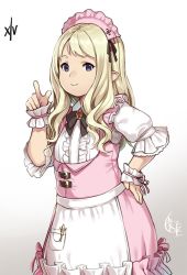 Rule 34 | 10s, 1girl, warrior of light (ff14), blonde hair, blue eyes, final fantasy, final fantasy xiv, hand on own hip, houtengeki, index finger raised, lalafell, long hair, looking at viewer, maid, maid headdress, original, pointy ears, smile, solo, wrist cuffs