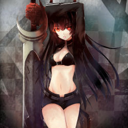 Rule 34 | 10s, 1girl, :p, bikini, bikini top only, black gold saw, black rock shooter, bone, checkered background, cropped jacket, dreamlight2000, fire, fire, horns, king saw, long hair, navel, red eyes, shorts, star (symbol), swimsuit, sword, tongue, tongue out, weapon, zipper