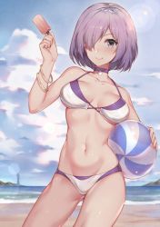 Rule 34 | 1girl, absurdres, alternate costume, ball, beach, beachball, bikini, blue sky, blush, bracelet, breasts, breasts apart, cleavage, cloud, collarbone, cowboy shot, day, fate/grand order, fate (series), food, groin, hair over one eye, highres, holding, holding ball, holding food, hua-j, ice cream, jewelry, lens flare, mash kyrielight, medium breasts, navel, outdoors, purple eyes, purple hair, revision, shiny skin, short hair, sky, smile, solo, standing, swimsuit, transparent, white bikini