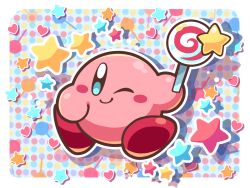 Rule 34 | blush stickers, border, candy, closed mouth, commentary request, food, highres, holding, holding food, invincible candy, kirby, kirby (series), kumaoka pon, lollipop, nintendo, no humans, one eye closed, shadow, smile, solo, star (symbol), white border