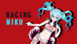 Rule 34 | 1girl, blue eyes, blue hair, breasts, character name, closed mouth, commentary request, dutch angle, elbow gloves, floating hair, gloves, hair between eyes, hand up, hatsune miku, headphones, highres, long hair, maodouzi, medium breasts, one-piece swimsuit, racing miku, red background, smile, solo, swimsuit, thighhighs, twintails, vocaloid, white gloves, white one-piece swimsuit, white thighhighs