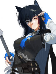 Rule 34 | 1girl, animal ears, arknights, ascot, black hair, black vest, blue ascot, blue gloves, breasts, closed mouth, collared shirt, ear piercing, expressionless, fingerless gloves, gloves, hand up, highres, jacket, jacket on shoulders, long hair, looking at viewer, medium breasts, piercing, pouch, raneblu, shirt, simple background, solo, sword, texas (arknights), texas the omertosa (arknights), tucking hair, upper body, vest, weapon, white background, white shirt, wolf ears, yellow eyes