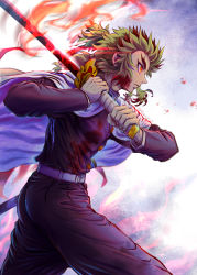 Rule 34 | 1boy, 510lilith, absurdres, black jacket, black pants, blonde hair, cape, closed mouth, fire, floating hair, from side, grey cape, highres, holding, holding sword, holding weapon, jacket, kimetsu no yaiba, long hair, long sleeves, male focus, military, military uniform, multicolored hair, pants, red eyes, red hair, rengoku kyoujurou, solo, standing, sword, two-tone hair, uniform, weapon