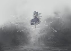 Rule 34 | 1girl, absurdres, blue hair, branch, cirno, full body, grey background, highres, ice, looking at viewer, ribbon, short hair, skirt, solo, touhou, ushitsuchi, wings