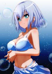 Rule 34 | 1girl, air bubble, aqua eyes, arms under breasts, bang dream!, bare arms, bare shoulders, bikini, bikini skirt, blue background, blue bikini, breasts, bubble, closed mouth, commentary request, frilled bikini, frills, gradient background, grey hair, groin, hair between eyes, hands up, highres, hiraken, interlocked fingers, kurata mashiro, looking at viewer, medium breasts, medium hair, navel, official alternate costume, own hands together, raised eyebrows, solo, stomach, strap gap, swimsuit, two-tone bikini, upper body, white bikini