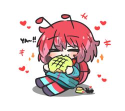 Rule 34 | +++, 1girl, animal, ant, antennae, backpack, bag, blue jacket, blush stickers, bread, bug, chibi, closed eyes, closed mouth, commentary request, facing viewer, food, food on face, full body, heart, highres, holding, holding food, insect, jacket, long sleeves, melon bread, multicolored hair, original, pantyhose, pink hair, puffy long sleeves, puffy sleeves, purple footwear, red hair, shadow, shoes, simple background, sitting, solo, sparkle, striped clothes, striped pantyhose, two-tone hair, uni souchou, white background