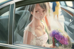 Rule 34 | 1girl, blurry, bouquet, bride, brown eyes, brown hair, car, commentary, depth of field, dress, earrings, eiri su, english commentary, flower, holding, jewelry, looking at viewer, motor vehicle, original, parted lips, photo-referenced, signature, sitting, smile, veil, wedding dress