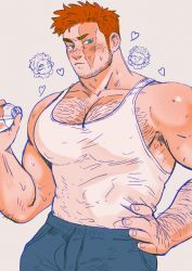Rule 34 | 1boy, arm hair, bara, bare shoulders, beard, blue eyes, blush, boku no hero academia, bottle, bulge, chest hair, covered erect nipples, cowboy shot, endeavor (boku no hero academia), facial hair, hairy, hawks (boku no hero academia), highres, holding, holding bottle, large pectorals, looking at viewer, male focus, mature male, muscular, muscular male, official alternate costume, pectoral cleavage, pectorals, red hair, scar, scar across eye, scar on face, shan (shanshankuo), short hair, sideburns, sidepec, solo, spiked hair, stubble, sweat, tank top, white tank top