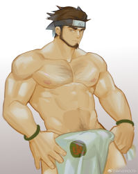Rule 34 | 1boy, abs, absurdres, amaimochi, bara, beard, black hair, bulge, chest hair, cigarette, covering crotch, covering privates, cowboy shot, facial hair, forehead protector, frown, highres, large pectorals, looking at viewer, male focus, mature male, muscular, muscular male, naruto (series), naruto shippuuden, navel, navel hair, nipples, nude cover, pectorals, sarutobi asuma, short hair, smoke, smoking, solo, stomach, thick eyebrows, topless male