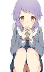 Rule 34 | 1girl, blue sky, blush, commentary, dot nose, grey jacket, hands up, idolmaster, idolmaster million live!, jacket, legs, long sleeves, looking at viewer, makabe mizuki, mochigome (ununquadium), own hands together, purple hair, scarf, short hair, sidelocks, sky, solo, squatting, thighs, wavy hair, white background, white scarf, yellow eyes