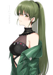 Rule 34 | 1girl, breasts, commentary, crop top, earrings, fishnets, gem, green hair, green jacket, highres, idolmaster, idolmaster shiny colors, jacket, jewelry, looking at viewer, looking to the side, medium breasts, nanakusa nichika, off shoulder, open clothes, open jacket, simple background, smile, solo, translation request, tsurui, twintails, white background, yellow eyes