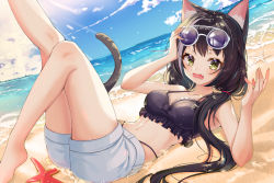 Rule 34 | 1girl, animal ear fluff, animal ears, beach, black hair, blue sky, blush, breasts, cat ears, cat girl, cloud, cloudy sky, collarbone, commentary, day, eyewear on head, fang, green eyes, highres, kaku (walletbreaker), karyl (princess connect!), karyl (summer) (princess connect!), long hair, looking at viewer, lying, medium breasts, multicolored hair, ocean, on back, open mouth, outdoors, princess connect!, sand, sky, solo, starfish, streaked hair, sunglasses, sunglasses on head, swimsuit, tail, twintails, white hair