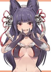 Rule 34 | 10s, 1girl, :d, animal ears, bell, blush, breasts, erune, fangs, fox ears, fox shadow puppet, granblue fantasy, hair bell, hair ornament, jingle bell, long hair, looking at viewer, navel, open mouth, red eyes, smile, solo, toi (toiot), upper body, yuel (granblue fantasy)