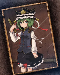 Rule 34 | 1girl, black skirt, blouse, blue vest, bow, breasts, closed mouth, commentary request, cowboy shot, crack, dutch angle, frilled hat, frilled skirt, frills, green eyes, green hair, hat, highres, holding, long sleeves, looking at viewer, photo (object), red bow, red ribbon, ribbon, ribbon-trimmed skirt, ribbon trim, rod of remorse, shiki eiki, shirt, short hair, skirt, sleeve ribbon, small breasts, smile, solo, topadori, touhou, two-tone bow, vest, white bow, white ribbon, white shirt