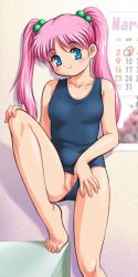 Rule 34 | 1girl, blue eyes, blush, breasts, calendar (object), censored, desk, feet, flashing, hair ornament, indoors, leg up, long hair, long twintails, looking at viewer, mosaic censoring, one-piece swimsuit, pink hair, pussy, school swimsuit, small breasts, smile, solo, swimsuit, tanuki gakuen, toes, twintails