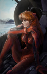 Rule 34 | 1girl, blue eyes, bodysuit, breasts, cockpit, commentary, from side, hair ornament, interface headset, leg up, lia marin, long hair, long legs, medium breasts, neon genesis evangelion, nose, orange hair, outdoors, plugsuit, profile, red bodysuit, sitting, skin tight, solo, soryu asuka langley, souryuu asuka langley, speedpaint, two side up, unfinished