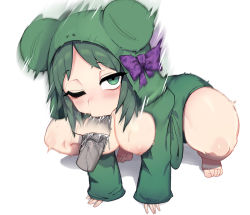 Rule 34 | 1girl, absurdres, all fours, animal hood, bad id, bad pixiv id, black souls, bow, breasts, collarbone, disembodied penis, empty eyes, fellatio, frog hood, frog princess (black souls), green eyes, green hair, green jacket, highres, hood, hood up, hooded jacket, jacket, long sleeves, medium breasts, medium hair, motion blur, naked jacket, nipples, nyong nyong, one eye closed, open clothes, open jacket, oral, penis, purple bow, shadow, simple background, sleeves past wrists, uncensored, veins, veiny penis, white background